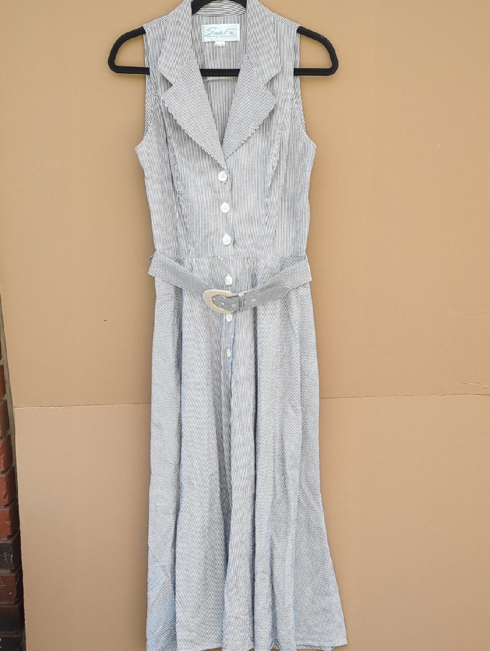 Vintage Santa Fe Jim Tremblay Maxi Dress 10 Gray Stripes Notched Collar Belted